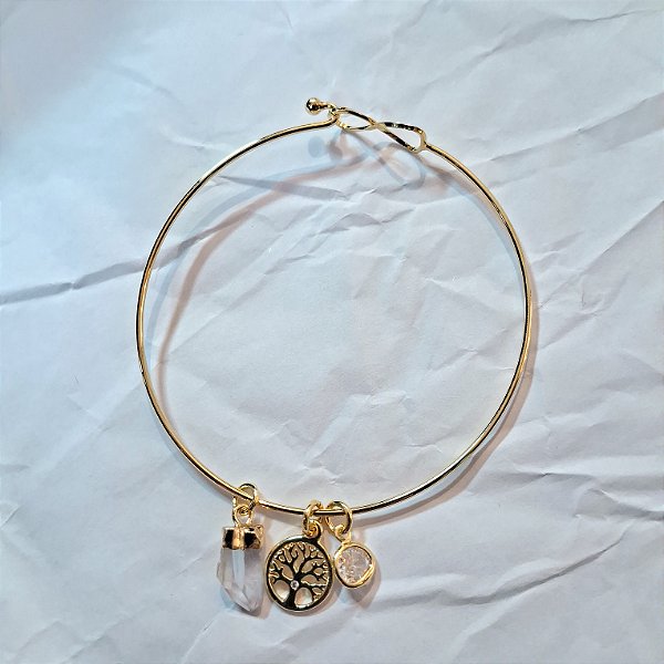 Pulseira Aro Árvore da Vida Ponta Cristal de Quartzo - Infinito - Folheado a Ouro