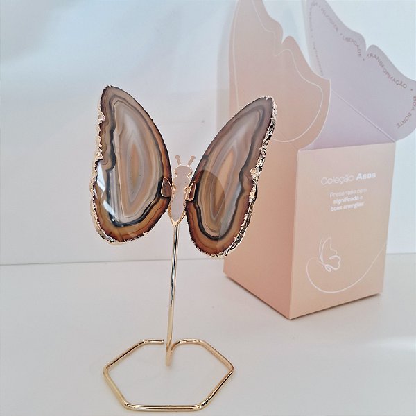 Borboleta Ágata Marrom - Base Dourada - Base de Ferro