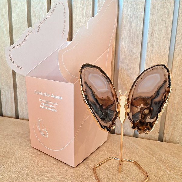 Borboleta Ágata Cinza - Base Dourada - Base de Ferro