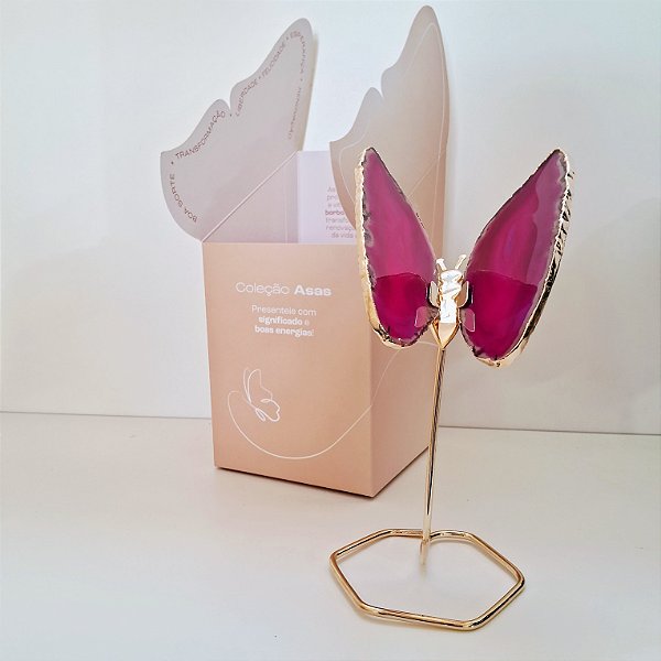 Borboleta Ágata Pink - Base Dourada - Base de Ferro