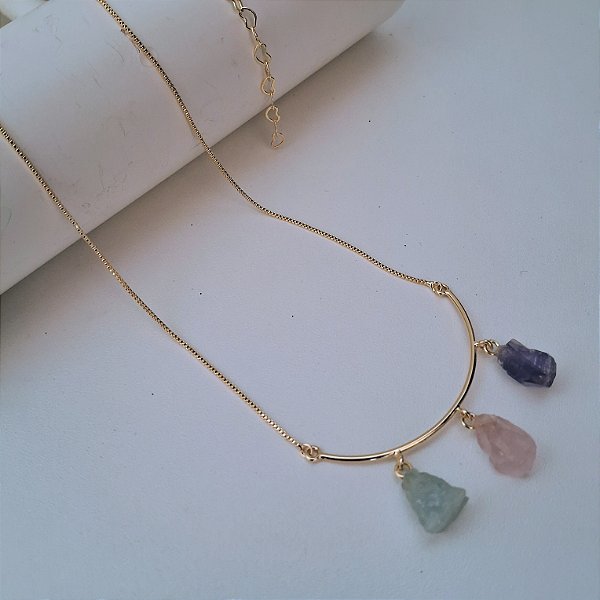 Colar Meia Lua Ametista, Quartzo Rosa e Água Marinha Bruto - Folheado a Ouro
