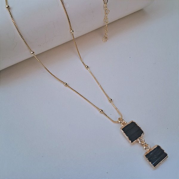 Colar 2 Turmalinas Negra Bruto - Folheado a Ouro