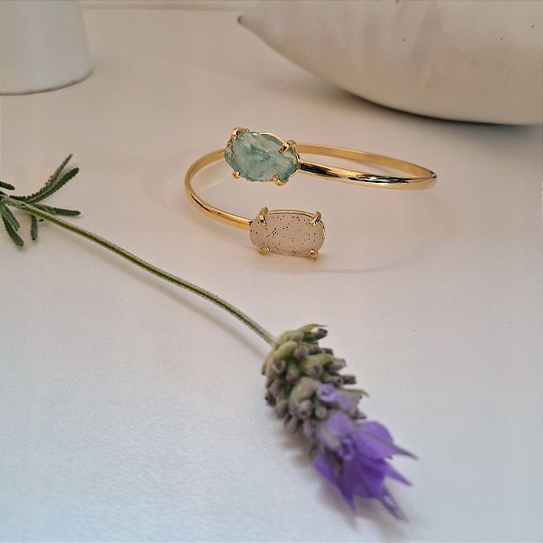 Bracelete Dual Ágata e Água Marinha - Folheado a Ouro