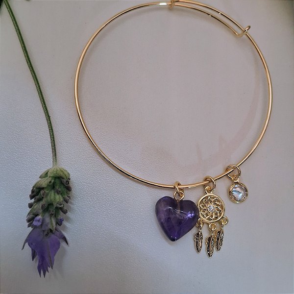 Pulseira Aro Filtro dos Sonhos Coração Ametista - Folheado a Ouro
