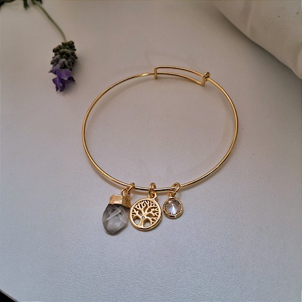 Pulseira Aro Árvore da Vida Ponta Cristal de Quartzo - Folheado a Ouro