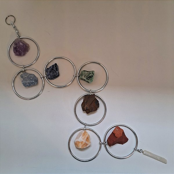 Móbile Argola Chakras - Cristais Brutos - Selenita Branca - Prateado