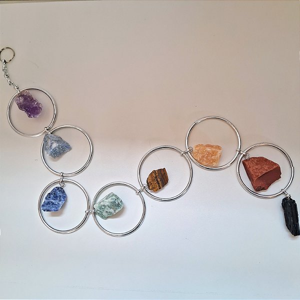 Móbile Argola Chakras - Cristais Brutos - Turmalina Negra - Prateado