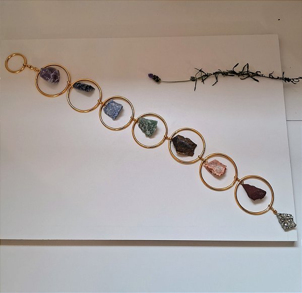 Móbile Argola Chakras - Cristais Brutos - Pirita - Dourado