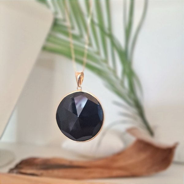 Colar Geometria Sagrada Obsidiana Negra - Folheado a Ouro