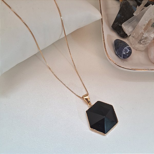 Colar Ponta Obsidiana Negra - Folheado a Ouro