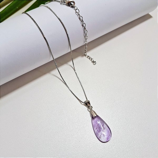 Colar Gota Ametista - Ródio Branco