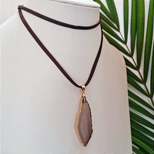 Colar Cordão Chapa Ágata Cinza - Folheado a Ouro