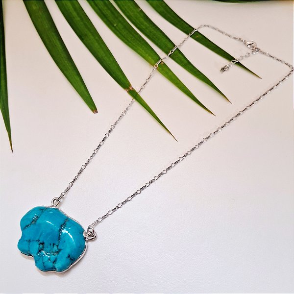 Colar Turquesa Bruta com Borda - Ródio Branco