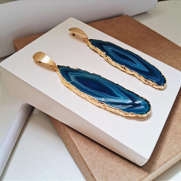 Brinco Ágata Azul - Folheado a Ouro