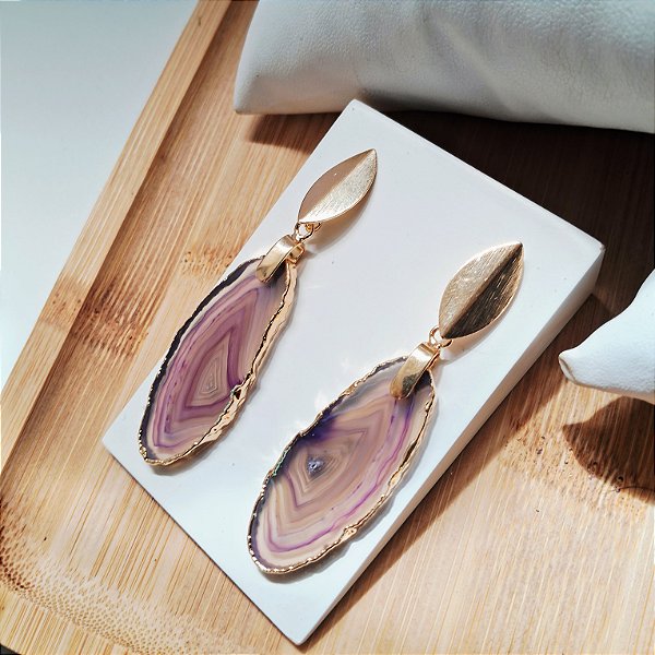 Brinco Ágata Roxa - Folheado a Ouro