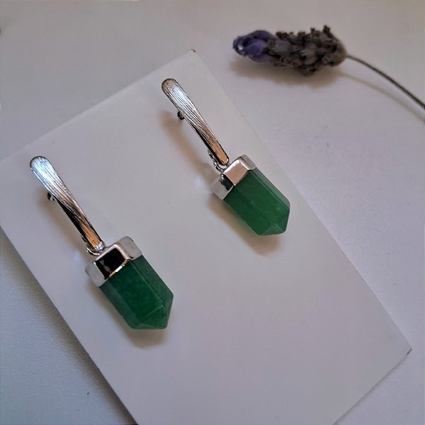 Brinco Reto Ponta Quartzo Verde - Ródio Branco
