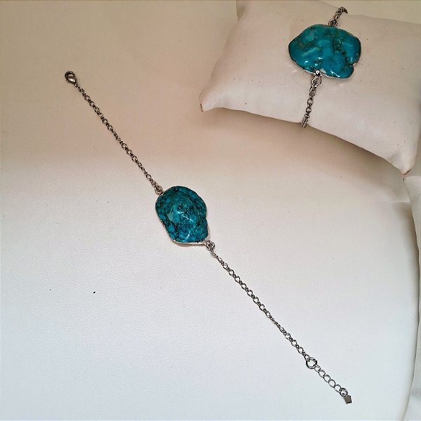Pulseira Turquesa Bruta com Borda  - Ródio Branco