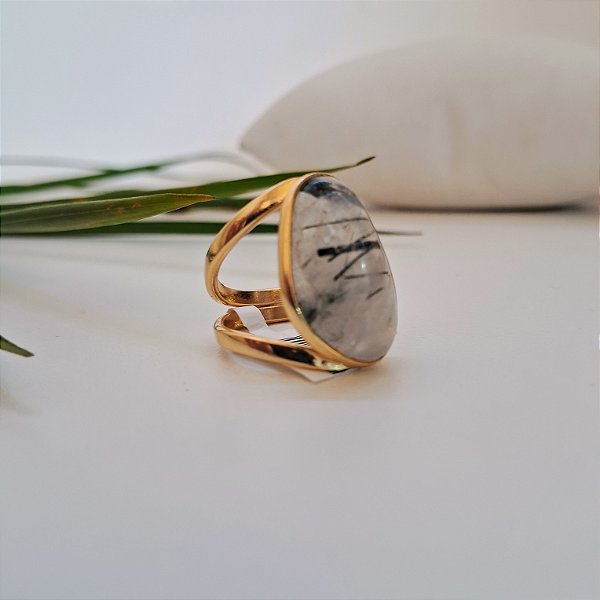 Anel Regulável Quartzo Turmalinado - Folheado a Ouro