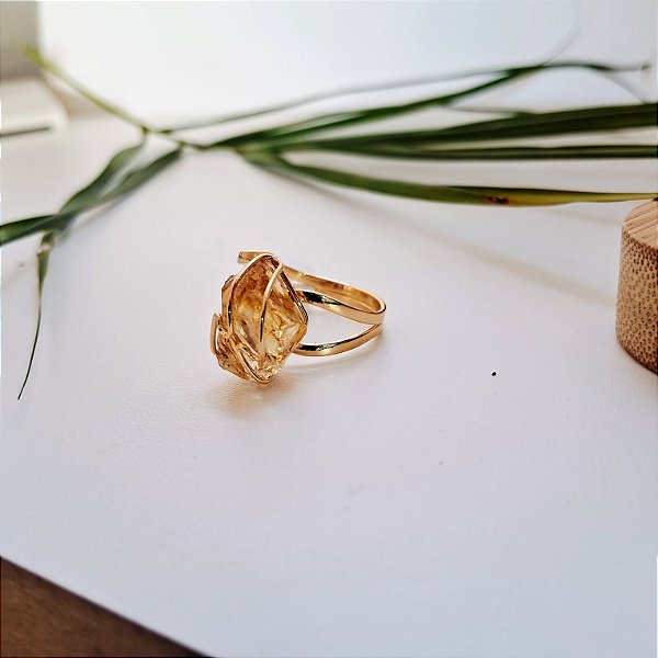 Anel Regulável Hippie Citrino Bruto - Folheado a Ouro