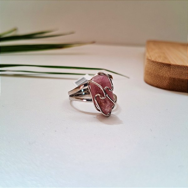Anel Regulável Hippie Turmalina Rosa - Ródio Branco