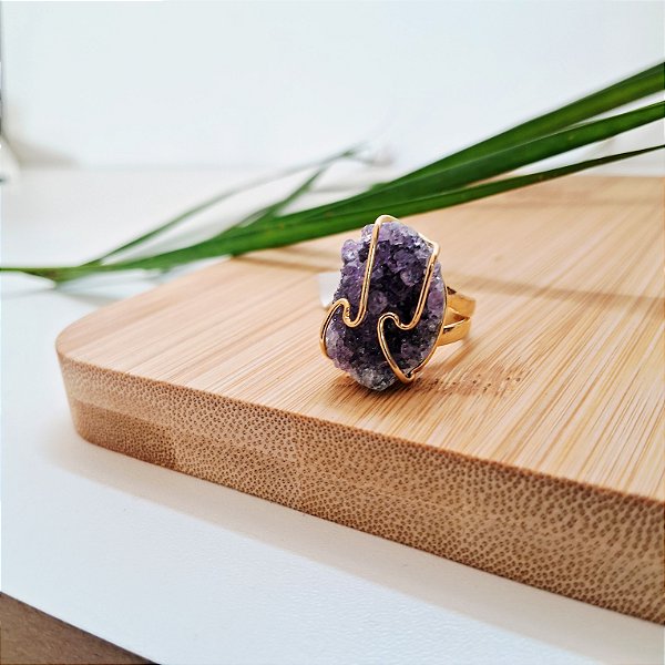 Anel Regulável Hippie Drusa Ametista Oval - Folheado a Ouro