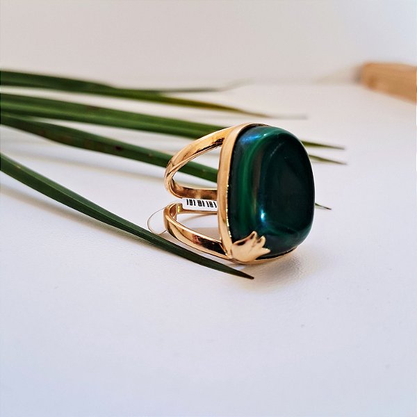 Anel Regulável Malaquita - Folheado a Ouro