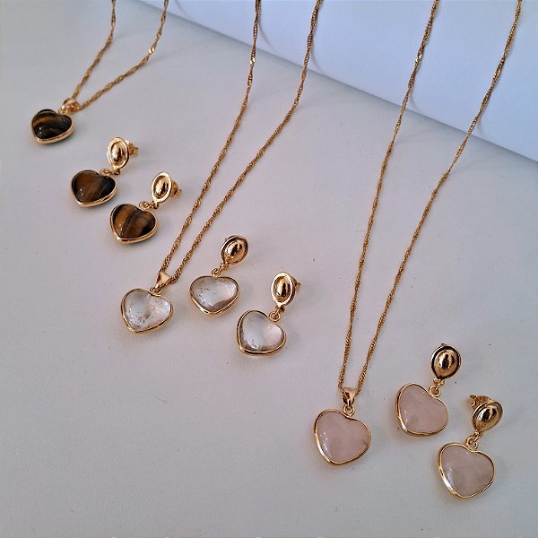 Conjunto Colar e Brinco Coração - Folheado a Ouro
