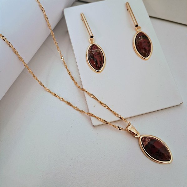 Conjunto Brinco e Colar Jaspe Tigril Oval - Folheado a Ouro