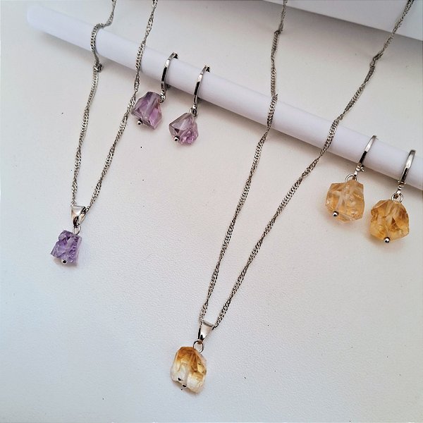 Conjunto Brinco Mini Argola e Colar Cristais Brutos - Ródio Branco