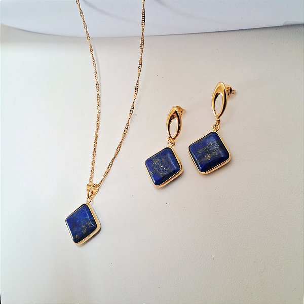 Conjunto Brinco e Colar Hippie Lápis Lazuli - Folheado a Ouro