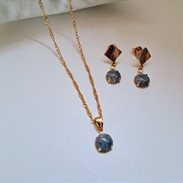 Conjunto Brinco e Colar Garra Quartzo Azul - Folheado a Ouro