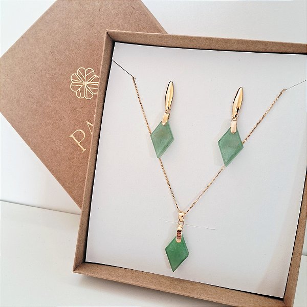 Conjunto Brinco e Colar Tringular Quartzo Verde - Folheado a Ouro