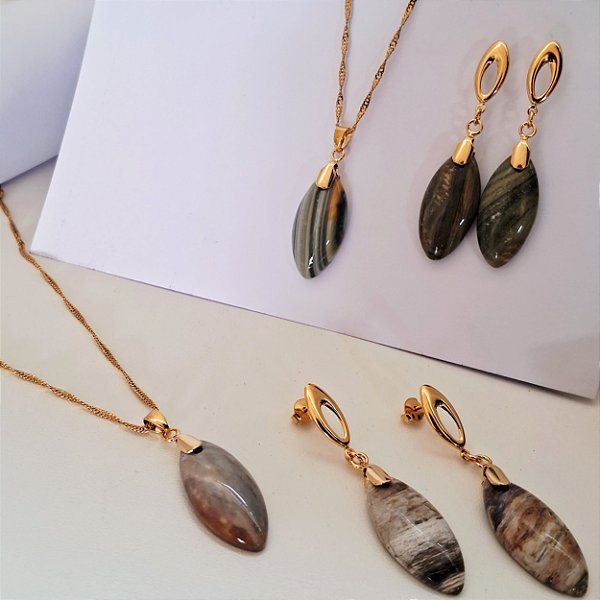 Conjunto Brinco e Colar Gota - Folheado a Ouro