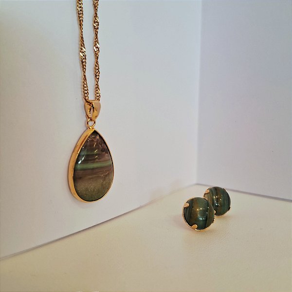 Conjunto Brinco Garra e Colar Gota Ágata - Folheado a Ouro