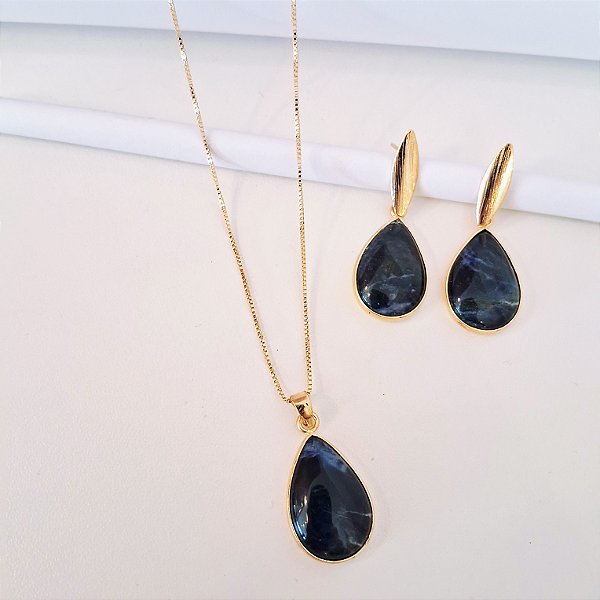 Conjunto Brinco Colar Gota Sodalita - Folheado a Ouro