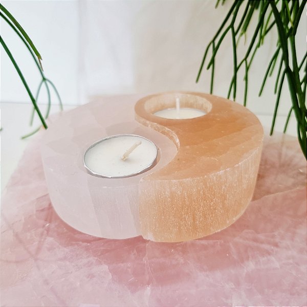 Porta Vela Yin Yang Selenita Branca e Selenita Laranja - 11,5cm