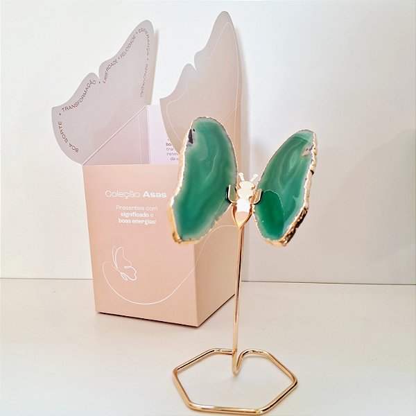 Borboleta Ágata Verde - Base Dourada - Base de Ferro