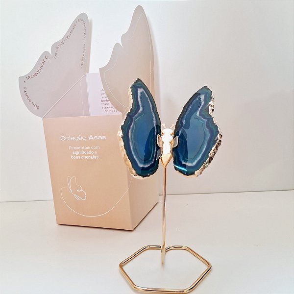 Borboleta Ágata Azul - Base Dourada - Base de Ferro