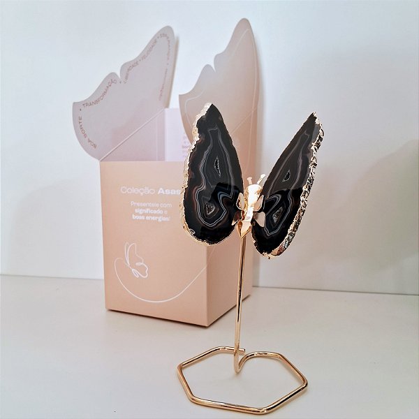 Borboleta Ágata Preta - Base Dourada - Base de Ferro