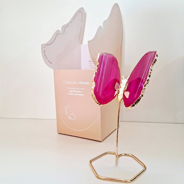 Borboleta Ágata Pink - Borda Dourada - Base de Ferro