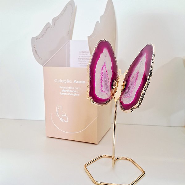 Borboleta Ágata Pink - Borda Dourada - Base de Ferro