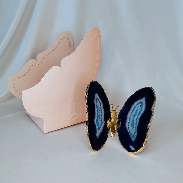 Borboleta Ágata Azul - Borda Dourada - Coleção Asas