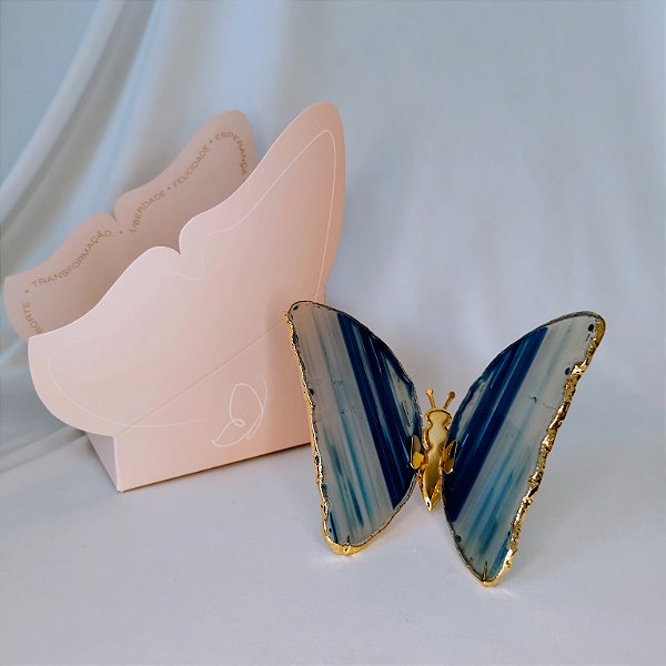 Borboleta Ágata Azul - Borda Dourada - Coleção Asas