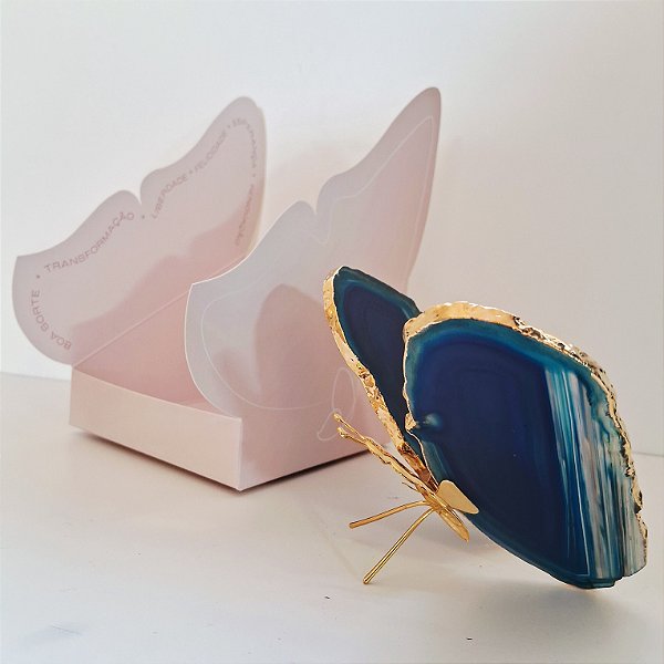 Borboleta Ágata Azul - Borda Dourada - Coleção Asas