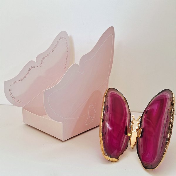 Borboleta Ágata Pink - Borda Dourada - Coleção Asas