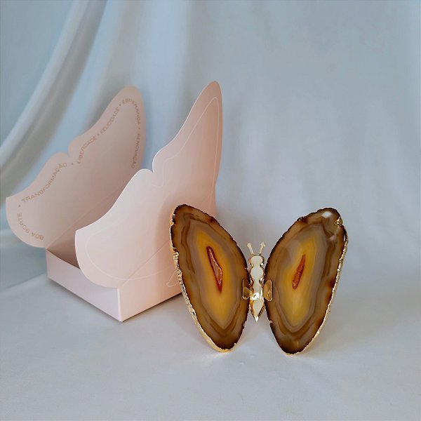 Borboleta Ágata Marrom - Borda Dourada - Coleção Asas