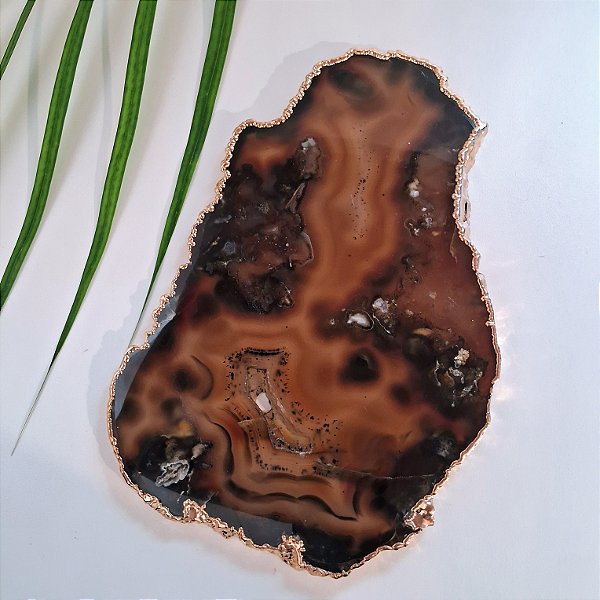 Chapa Ágata Marrom - Borda Dourada