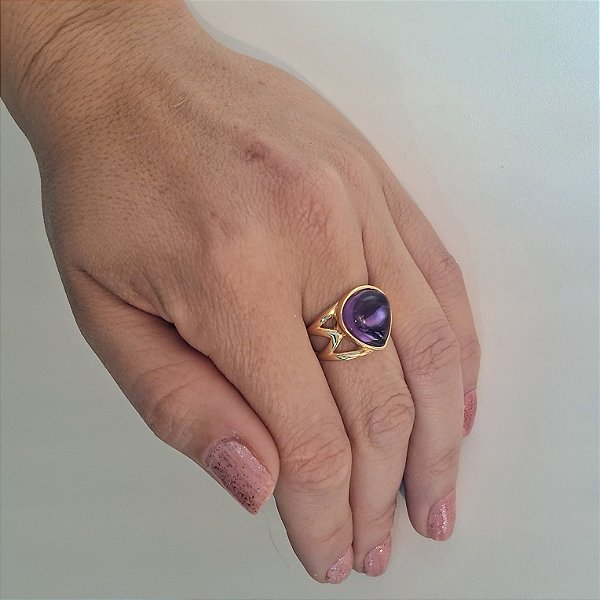 Anel Gota Ametista - Folheado a Ouro