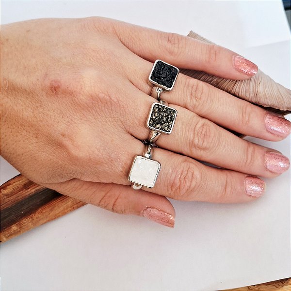Anel Quadrado Fragmentos - Ródio Branco