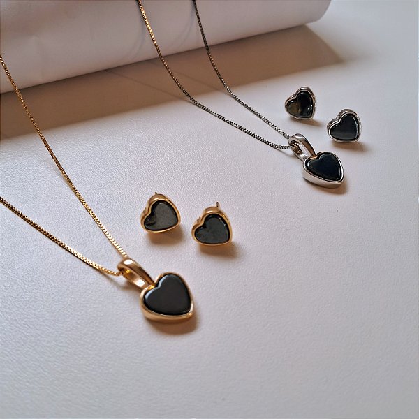 Conjunto Brinco e Colar Coração Hematita